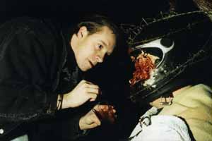 Make-up artist Nathan Barnes applies the red stuff to Dominic Redfern as The Biker